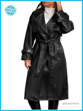Plus Size Faux Leather Trench Coat Moto Long Jacket